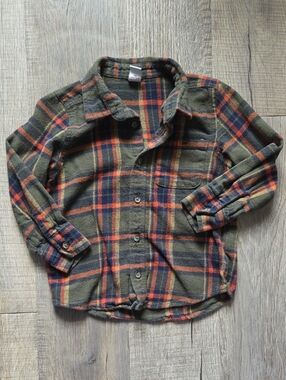 Old Navy Olive Green Plaid Button-Down Shirt with Orange & Navy